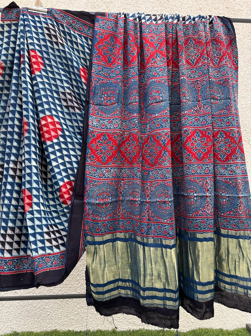 Pure Modal Silk Saree With Azrakh Hand Block Print