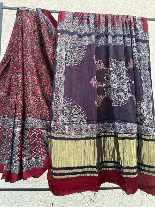 Pure Modal Silk Saree With Azrakh Hand Block Print