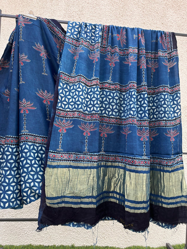 Pure Modal Silk Saree With Azrakh Hand Block Print