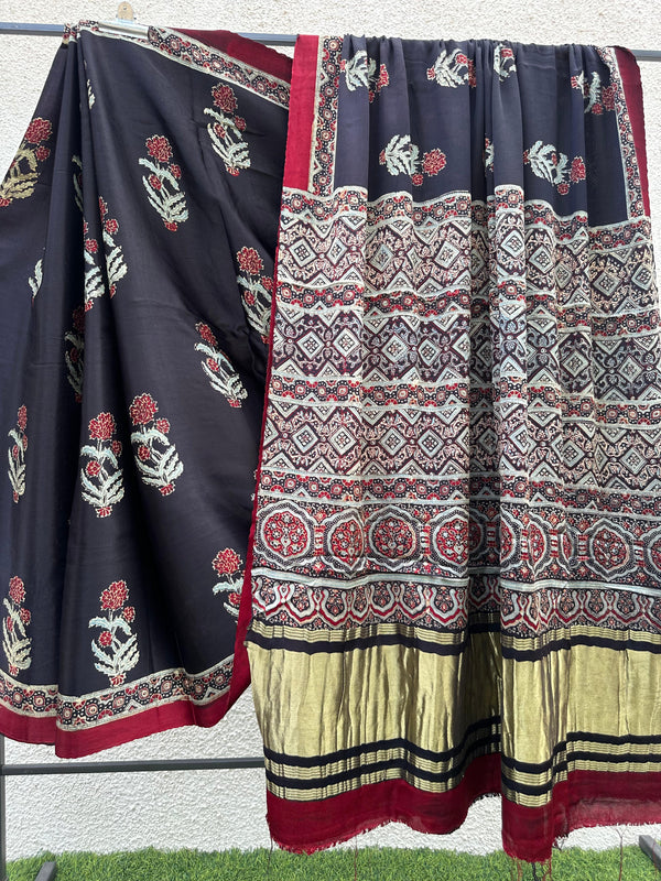 Pure Modal Silk Saree With Azrakh Hand Block Print