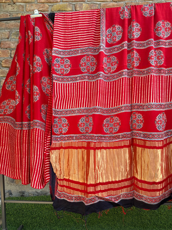 Pure Modal Silk Saree With Azrakh Hand Block Print