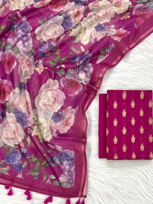 Banarasi Chanderi Silk Zari work unstitched Suit With Chanderi Floral Dupatta