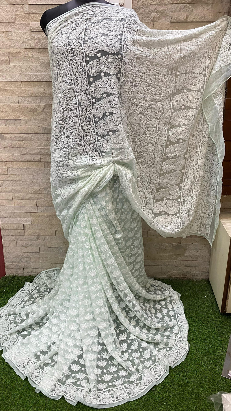 Pure Chiffon Georgette Chikankari Full Jaal Work Hand Embroidery Saree with Blouse