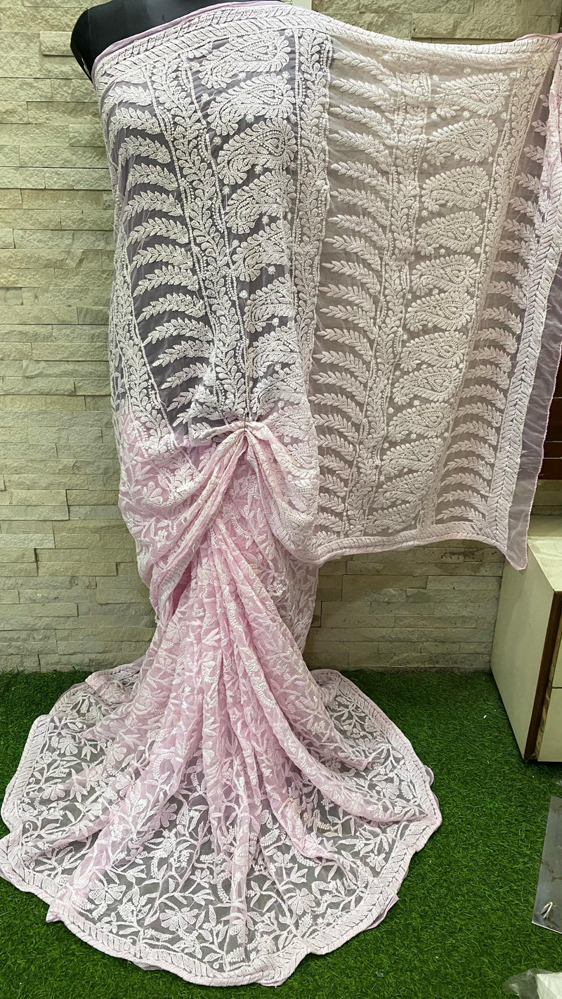 Pure Chiffon Georgette Chikankari Full Jaal Work Hand Embroidery Saree with Blouse