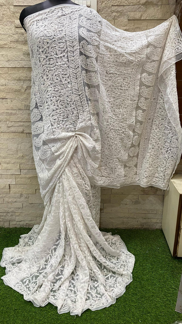 Pure Chiffon Georgette Chikankari Full Jaal Work Hand Embroidery Saree with Blouse