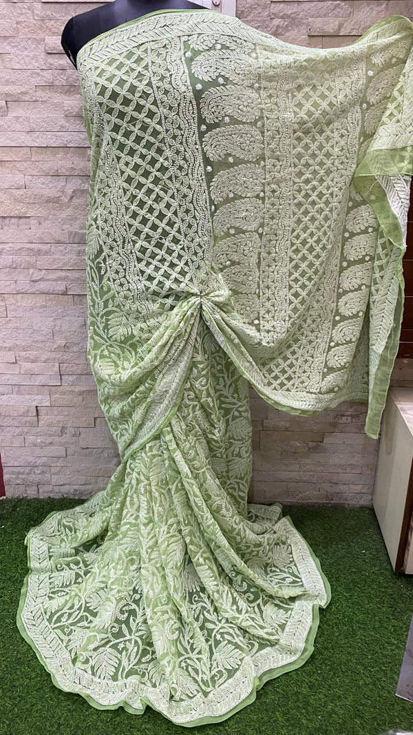 Pure Chiffon Georgette Chikankari Full Jaal Work Hand Embroidery Saree with Blouse