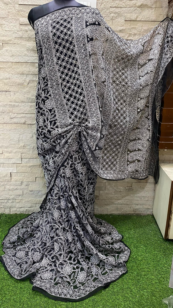 Pure Chiffon Georgette Chikankari Full Jaal Work Hand Embroidery Saree with Blouse