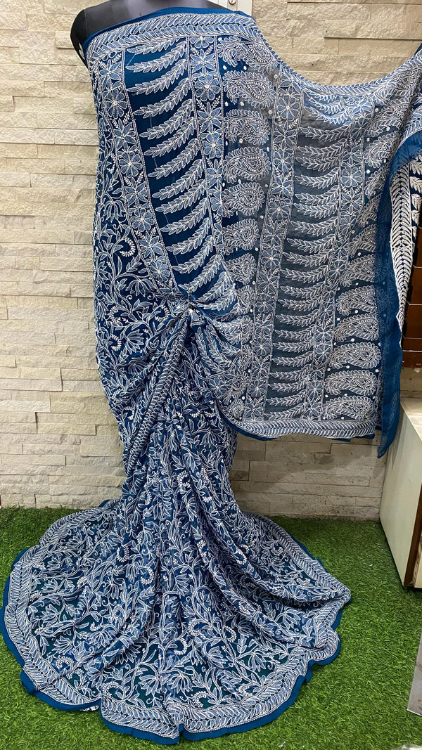 Pure Chiffon Georgette Chikankari Full Jaal Work Hand Embroidery Saree with Blouse