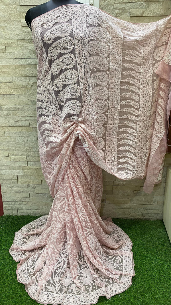 Pure Chiffon Georgette Chikankari Full Jaal Work Hand Embroidery Saree with Blouse