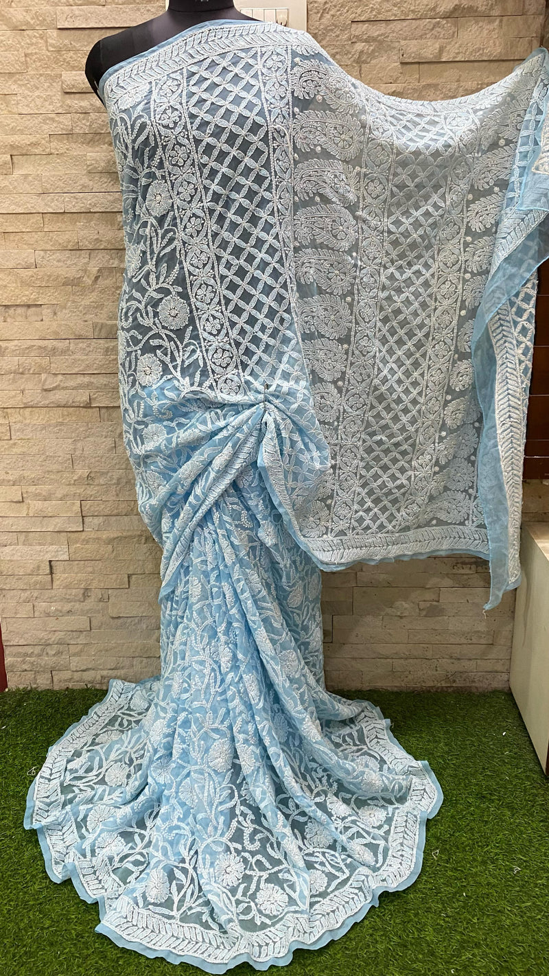 Pure Chiffon Georgette Chikankari Full Jaal Work Hand Embroidery Saree with Blouse