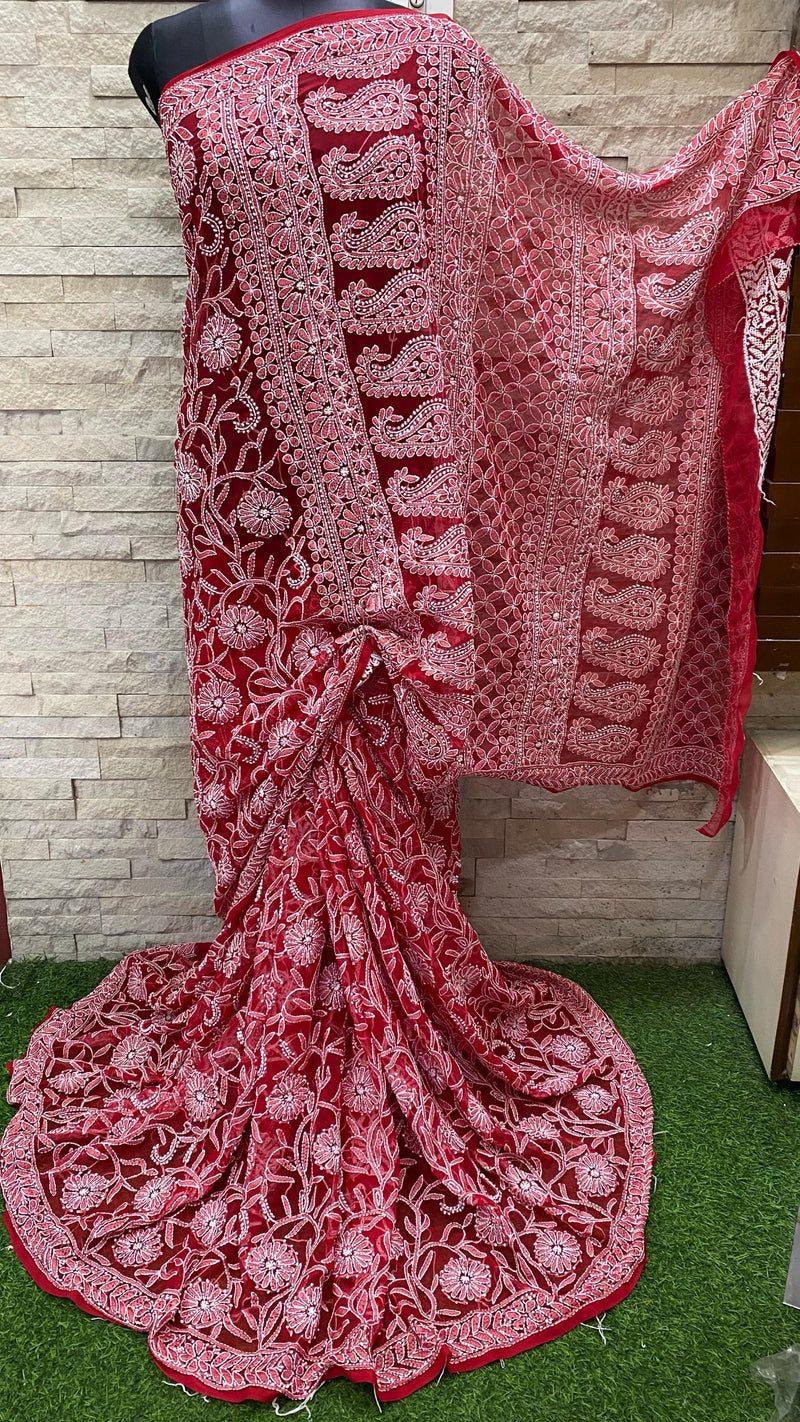 Pure Chiffon Georgette Chikankari Full Jaal Work Hand Embroidery Saree with Blouse