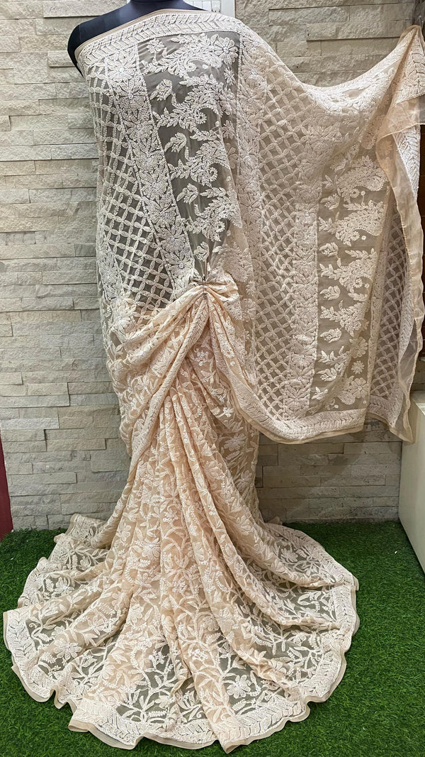 Pure Chiffon Georgette Chikankari Full Jaal Work Hand Embroidery Saree with Blouse