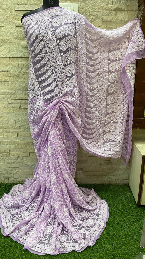 Pure Chiffon Georgette Chikankari Full Jaal Work Hand Embroidery Saree with Blouse