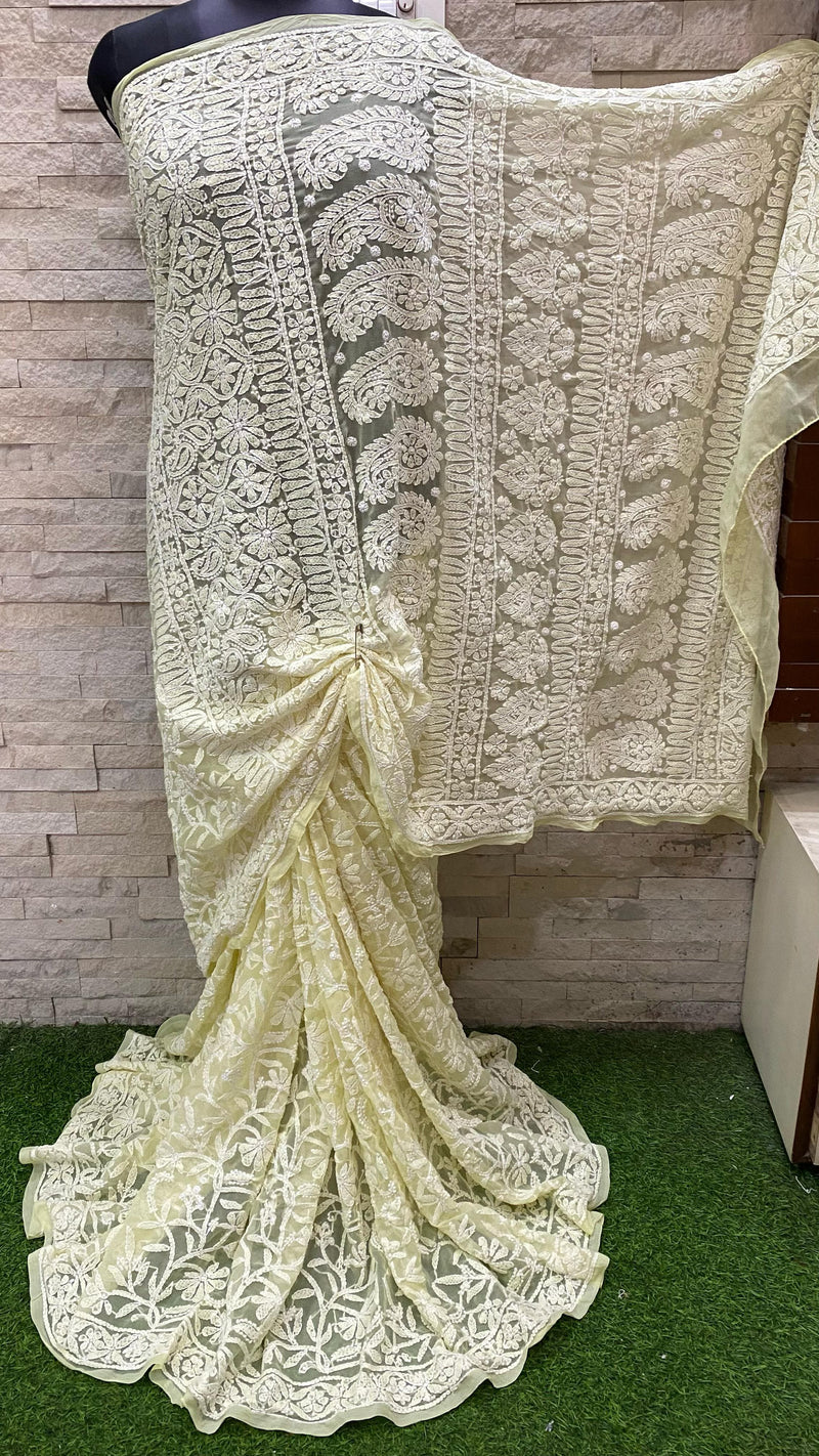 Pure Chiffon Georgette Chikankari Full Jaal Work Hand Embroidery Saree with Blouse