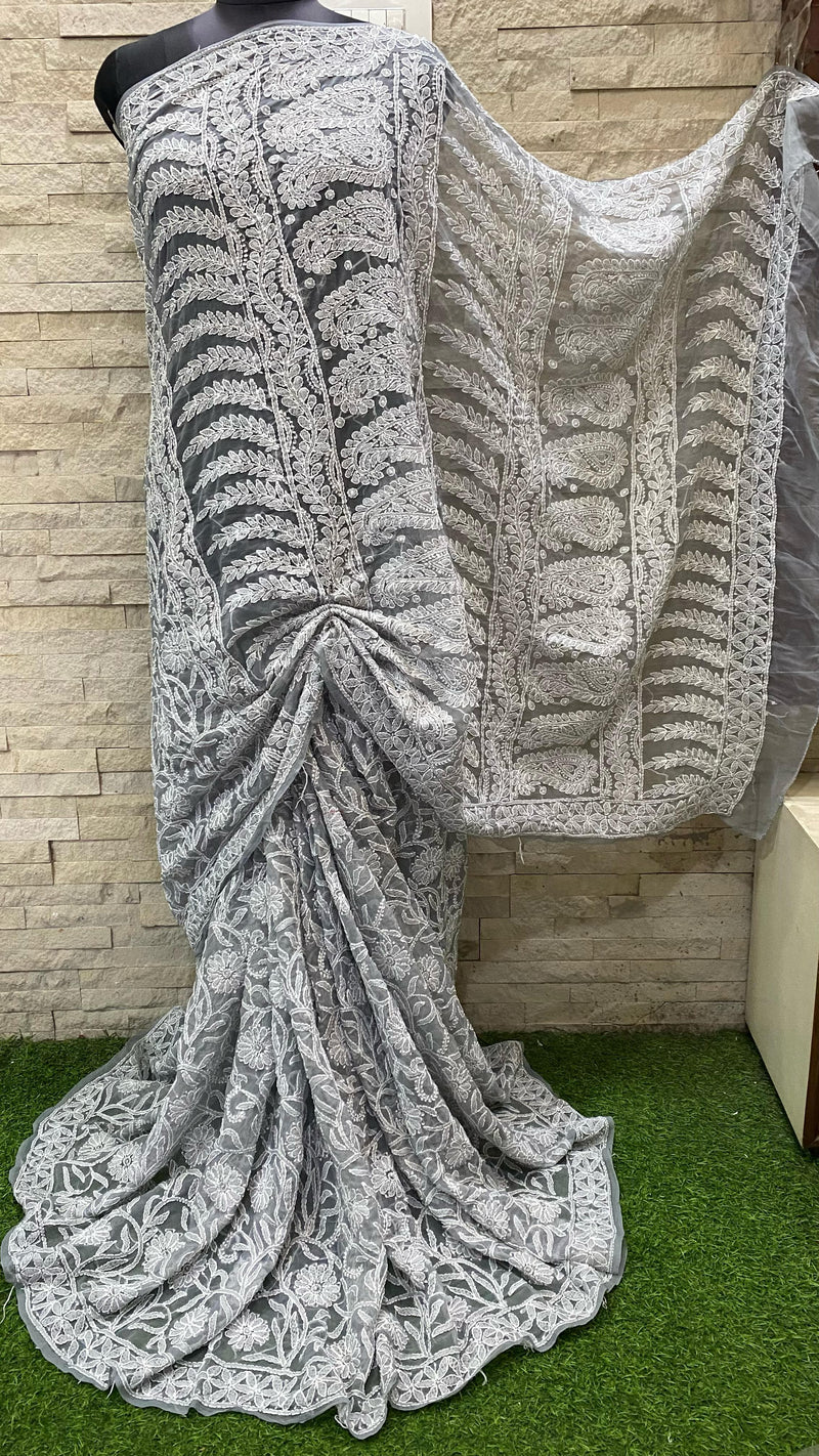 Pure Chiffon Georgette Chikankari Full Jaal Work Hand Embroidery Saree with Blouse