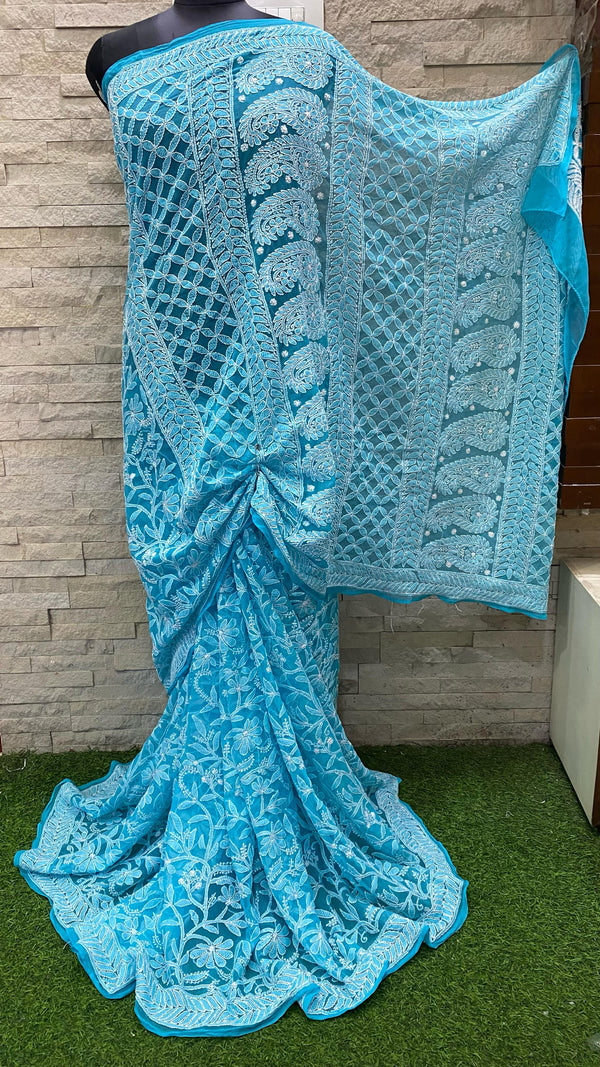 Pure Chiffon Georgette Chikankari Full Jaal Work Hand Embroidery Saree with Blouse