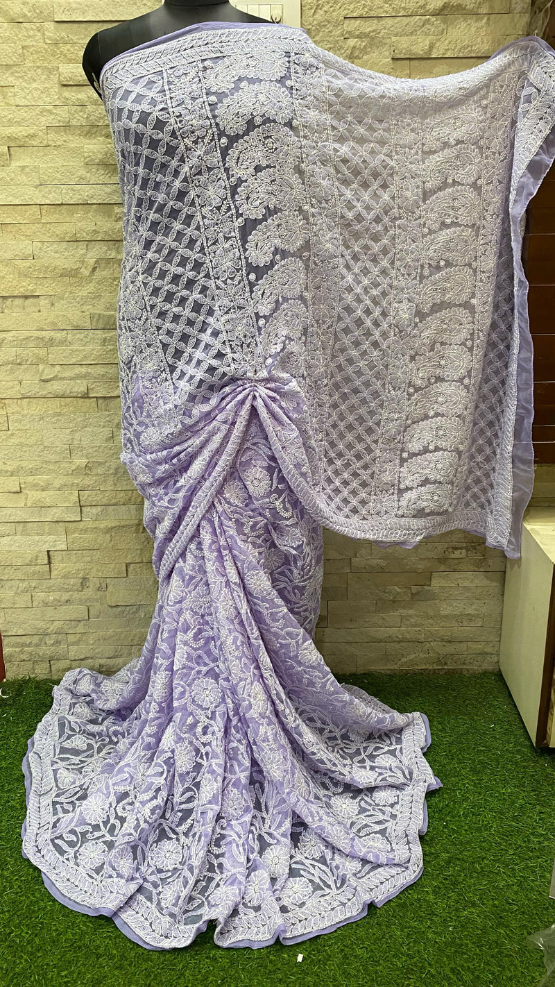 Pure Chiffon Georgette Chikankari Full Jaal Work Hand Embroidery Saree with Blouse