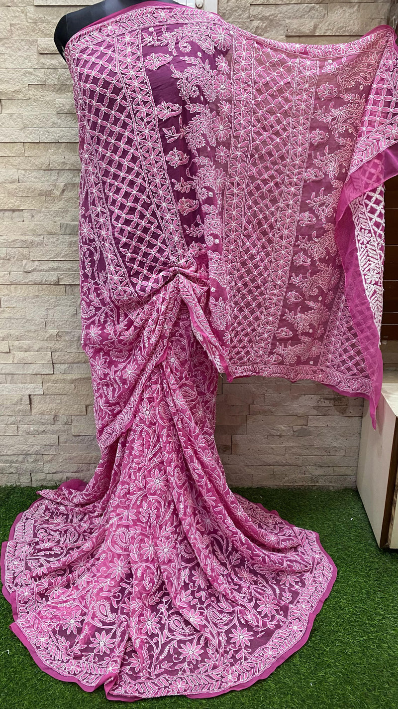 Pure Chiffon Georgette Chikankari Full Jaal Work Hand Embroidery Saree with Blouse