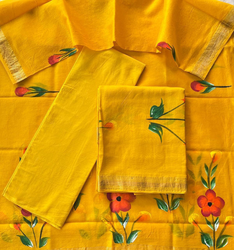 Pure Maheshwari Silk Hand block print Unstitched Suit