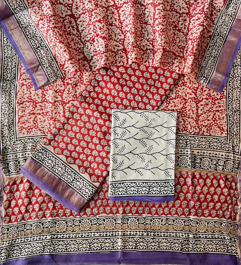 Pure Maheshwari Silk Hand block print Unstitched Suit