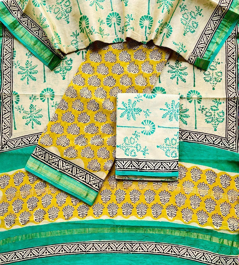 Pure Maheshwari Silk Hand block print Unstitched Suit