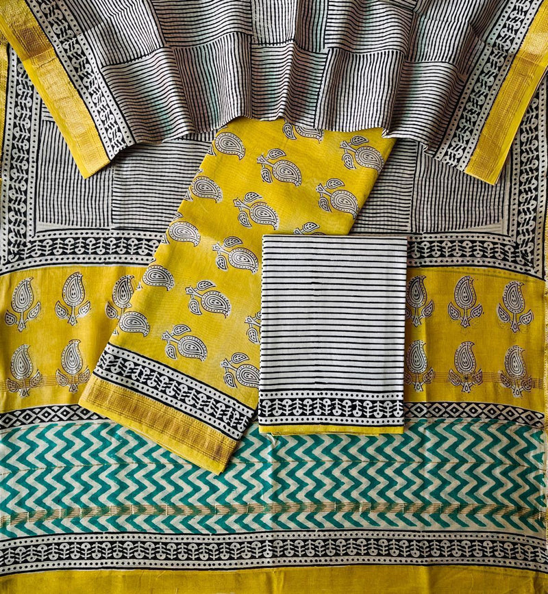 Pure Maheshwari Silk Hand block print Unstitched Suit