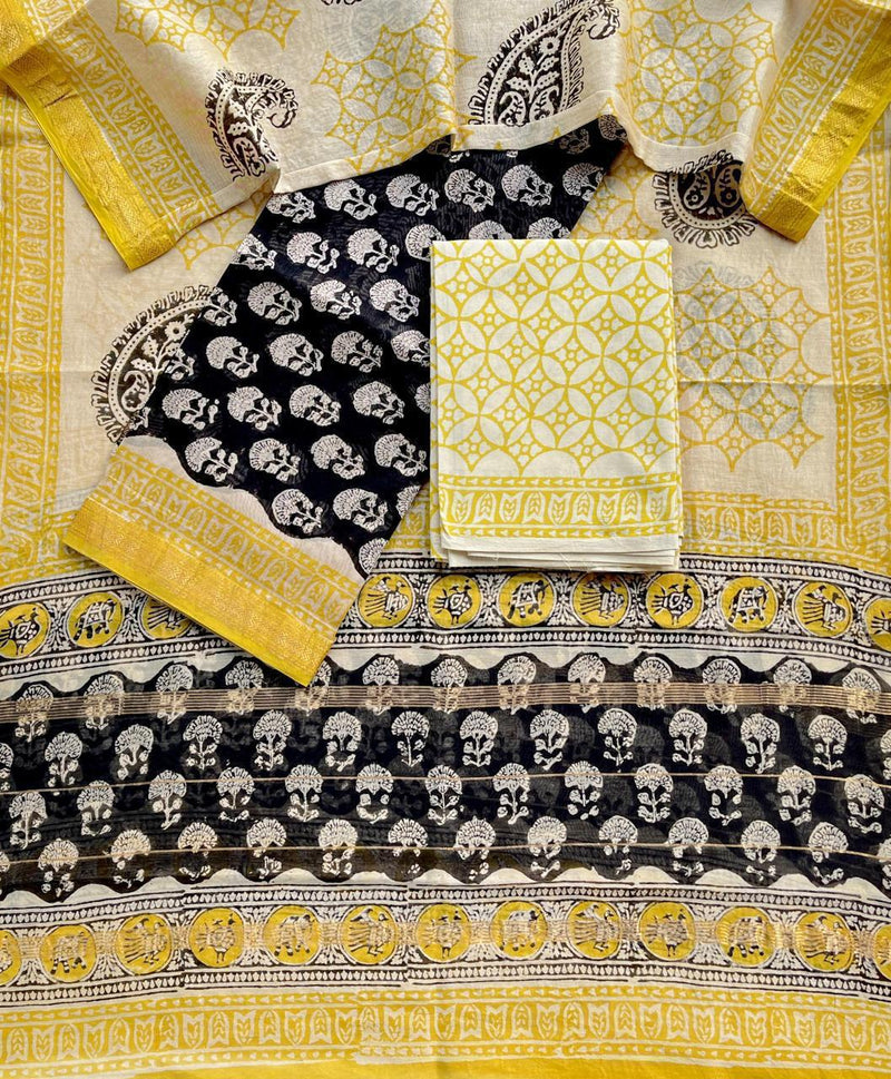 Pure Maheshwari Silk Hand block print Unstitched Suit