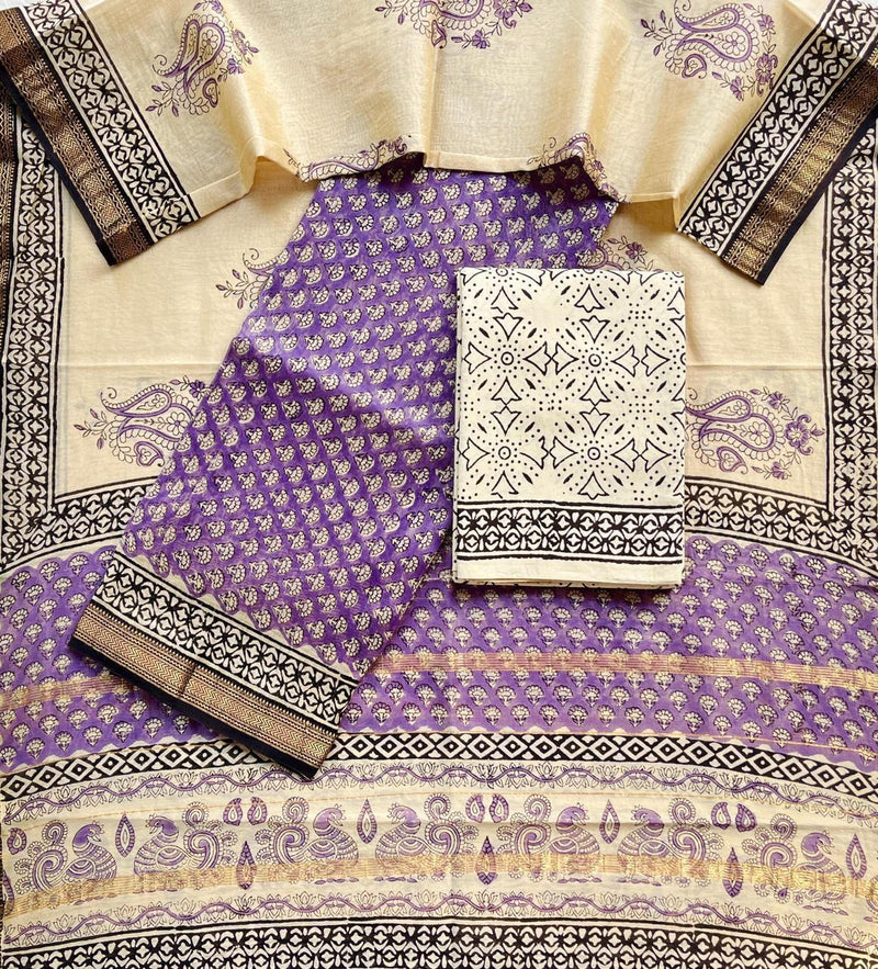 Pure Maheshwari Silk Hand block print Unstitched Suit