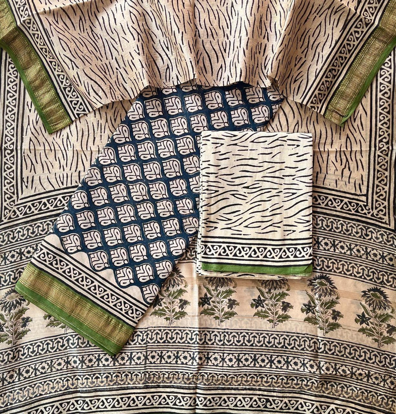 Pure Maheshwari Silk Hand block print Unstitched Suit