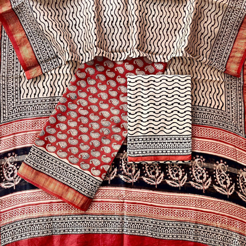 Pure Maheshwari Silk Hand block print Unstitched Suit