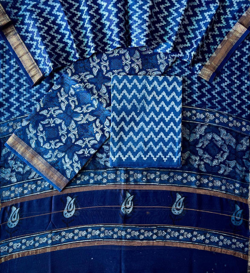 Pure Maheshwari Silk Hand block print Unstitched Suit