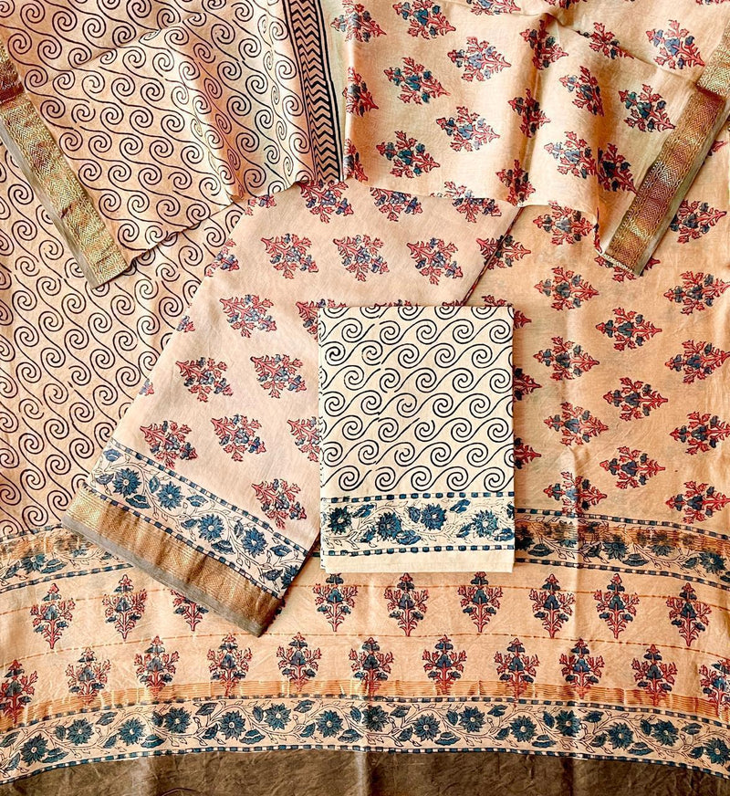 Pure Maheshwari Silk Hand block print Unstitched Suit