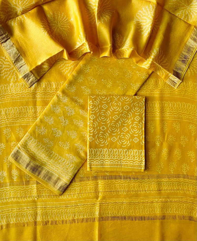 Pure Maheshwari Silk Hand block print Unstitched Suit