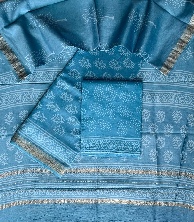 Pure Maheshwari Silk Hand block print Unstitched Suit