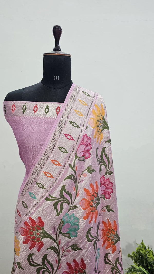 Pure Banarasi Handloom Tussar Silk Saree With Beautiful Paitheni and Zari Work