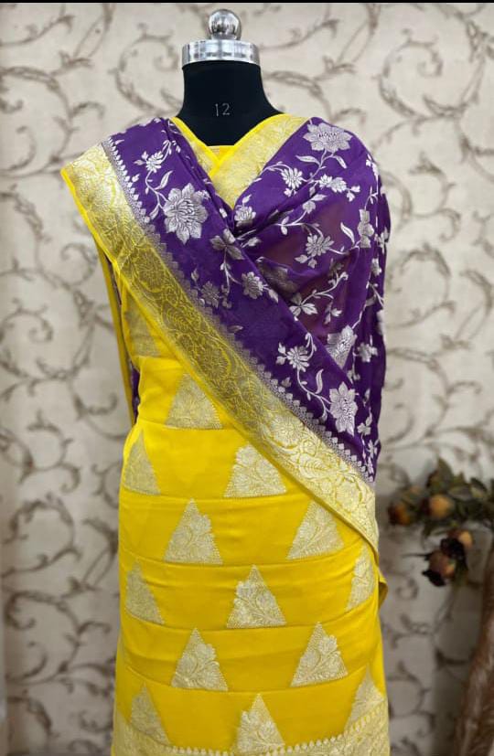 Handloom made Pure Khaddi Chiffon Unstitched Suit With water Zari Work.