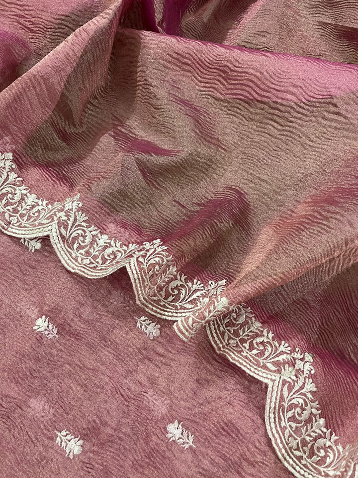 Banarasi Tissue Silk Embroidery Unstitched Suit with Tissue Crush Embroidery Dupatta.