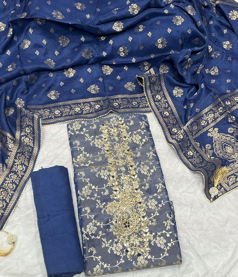 Pure jacqurd Neck Work Unstitched Suit With Dolla Silk Dupatta.