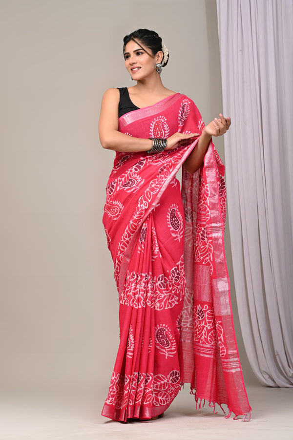 Hand Block Print Linen Saree with Blouse .