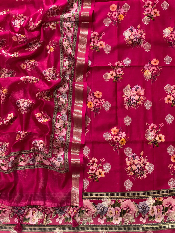 Pure Banarasi Chanderi silk Digtal prnit Zari Work Unstitched Suit.