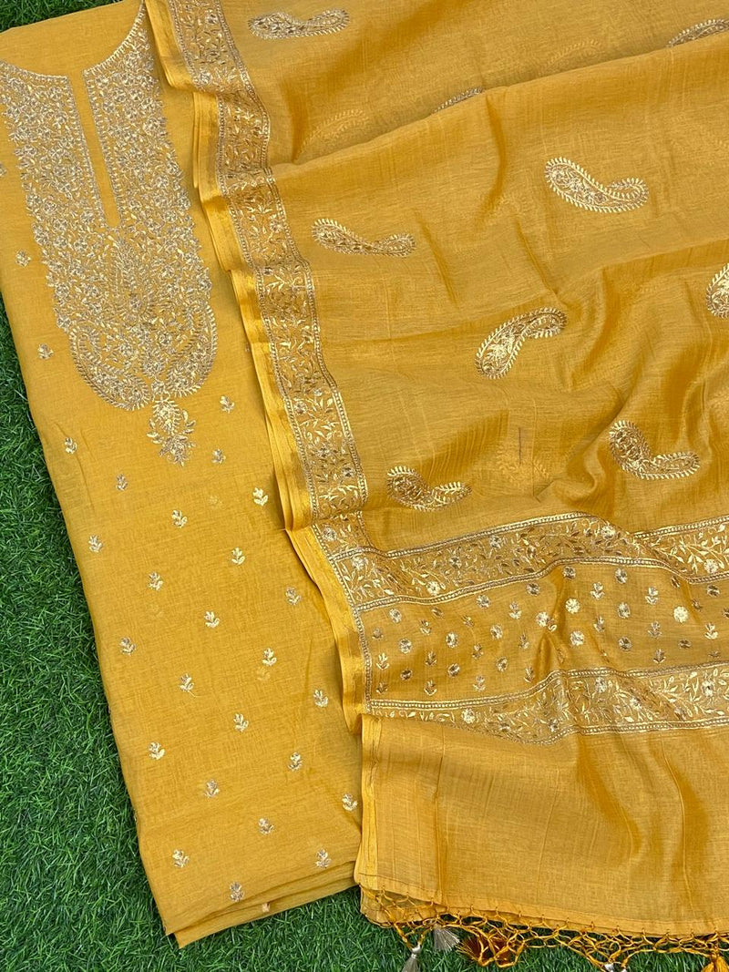 Pure Banarasi Resham Mal Chanderi Silk Zari  Unstitched Suit with Beautiful Neck Embroidery.