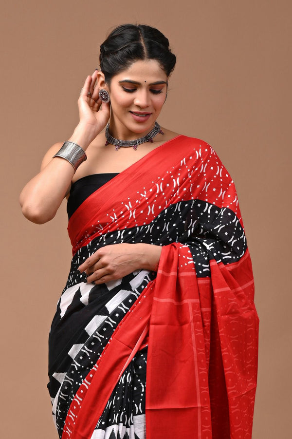 Pure  Mul cotton Hand print saree with Blouse.