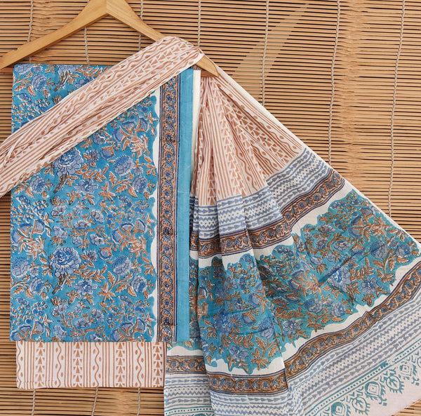 Pure Cotton Hand-Block Print unstitched suit with cotton dupatta .