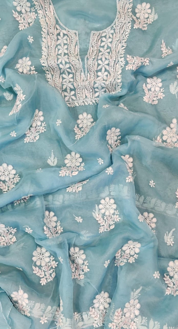 Pure Organza Silk Hand Chikankari Embroidery And Pearl Cut Dana Work Unstitched Suit.