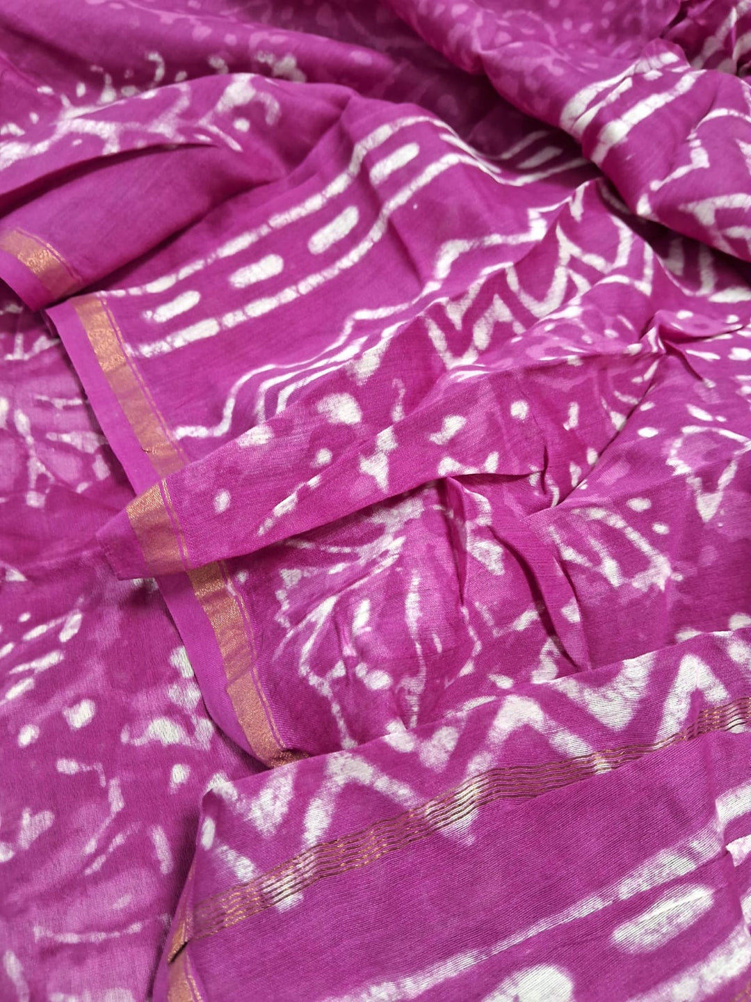 Pure Chanderi Silk Hand Block Unstitched Suit With Chanderi Dupatta .