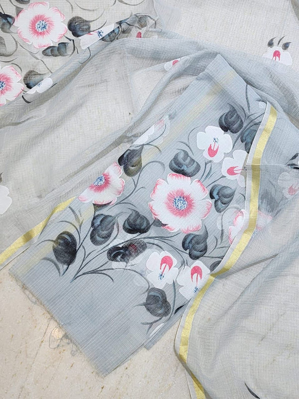 Pure Kota Doria Hand Brush Print Work Unstitched Suit with Dupatta