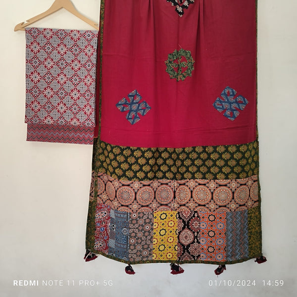 Pure Cotton Azrakh Print Unstitched suit With Patch Work Dupatta.