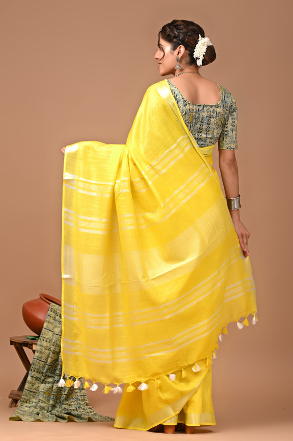 Hand Block Print Linen Saree with Blouse .