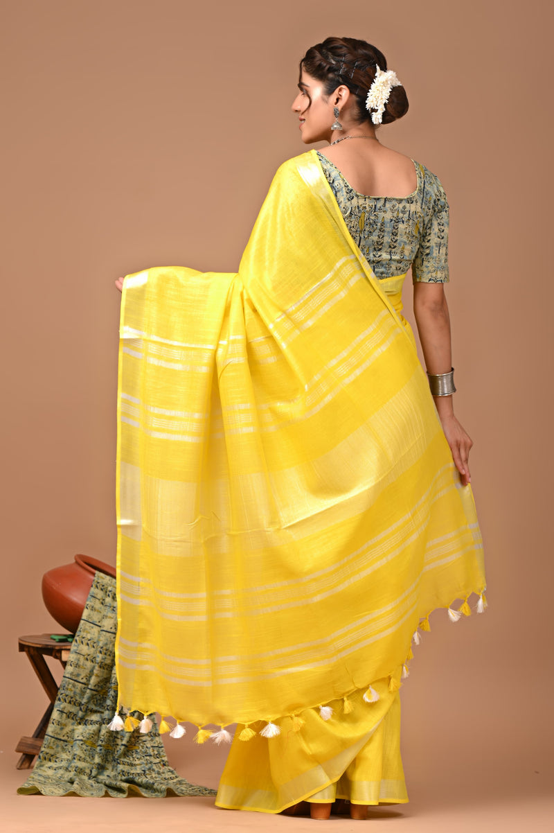 Hand Block Print Linen Saree with Blouse .