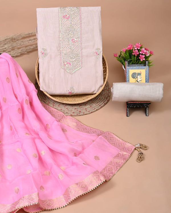 Pure Chanderi Silk Hand Work Unstitched Suit With Dhola Silk Dupatta.